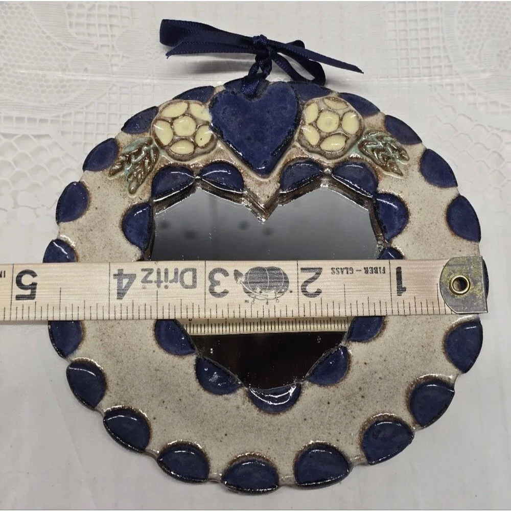 Vintage Pottery Mirror Stoneware Heart Handcrafted Wall Art Boho Decor Romantic